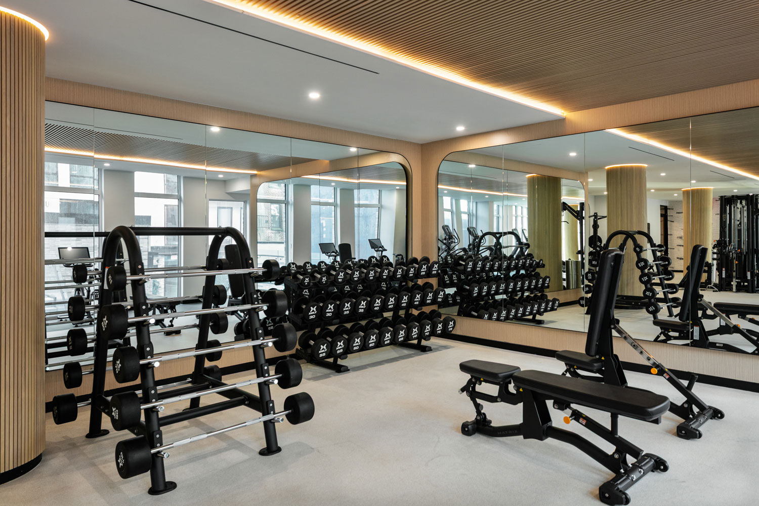 State-of-the-art fitness center with yoga room at Prosper Prospect Heights